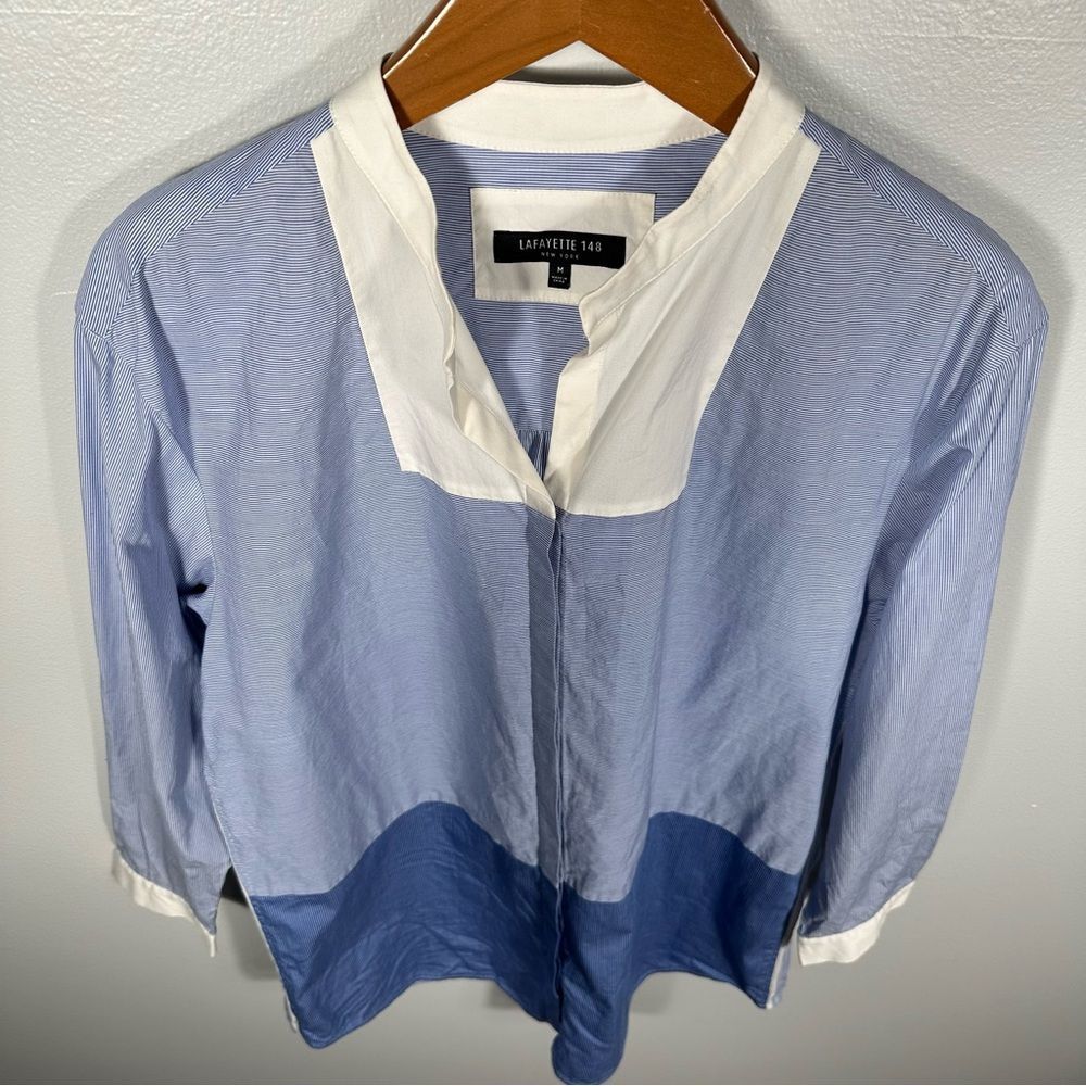 Lafayette 148 Blue White Pinstripe Chambray Colorblock Tunic Blouse Size Medium - Picture 14 of 15